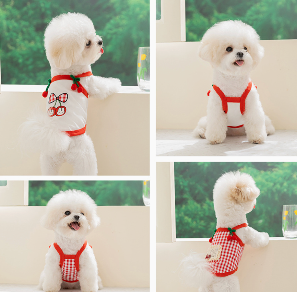 Spring/Summer Character Plaid Cherry Sleeveless Two-Legged Clothes | Exclusive for Small/Medium Dogs · Energetic Street Look