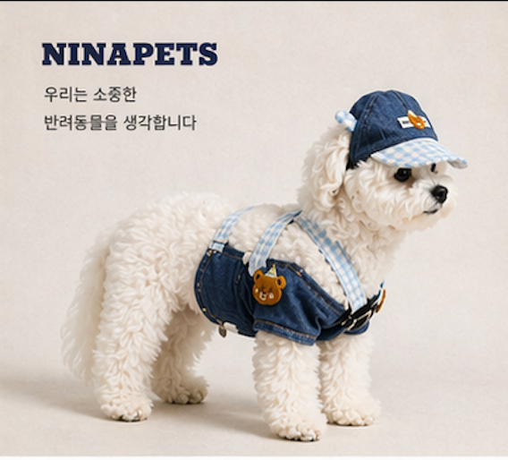 곰돌이 데님 체크 반려견 외출 세트