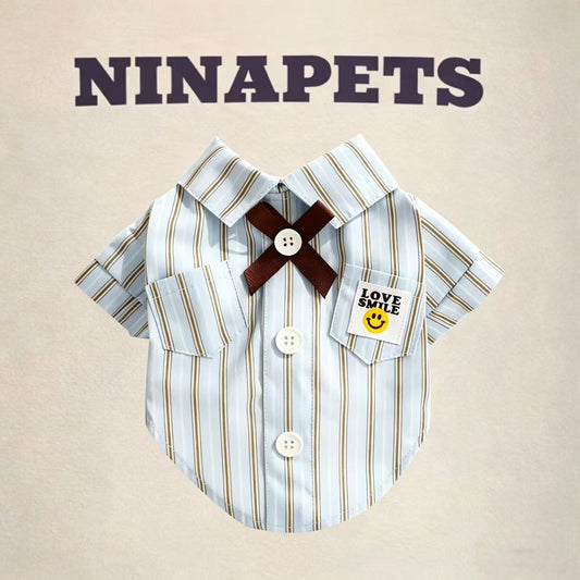 NinaPets 반려동물 스트라이프 셔츠 | 나비넥타이 카라 반팔