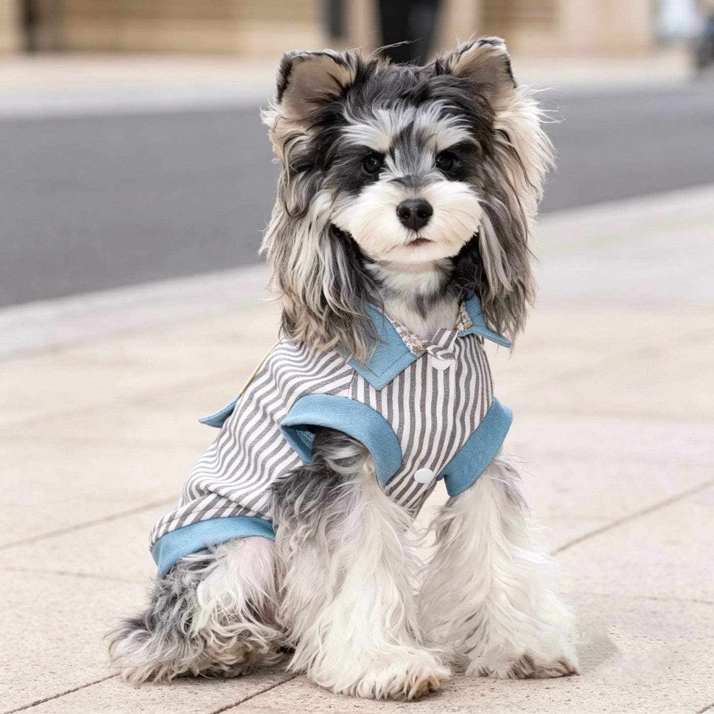 스트라이프 데님 포인트 강아지 조끼 하네스룩 | 소형견 데일리 캐주얼