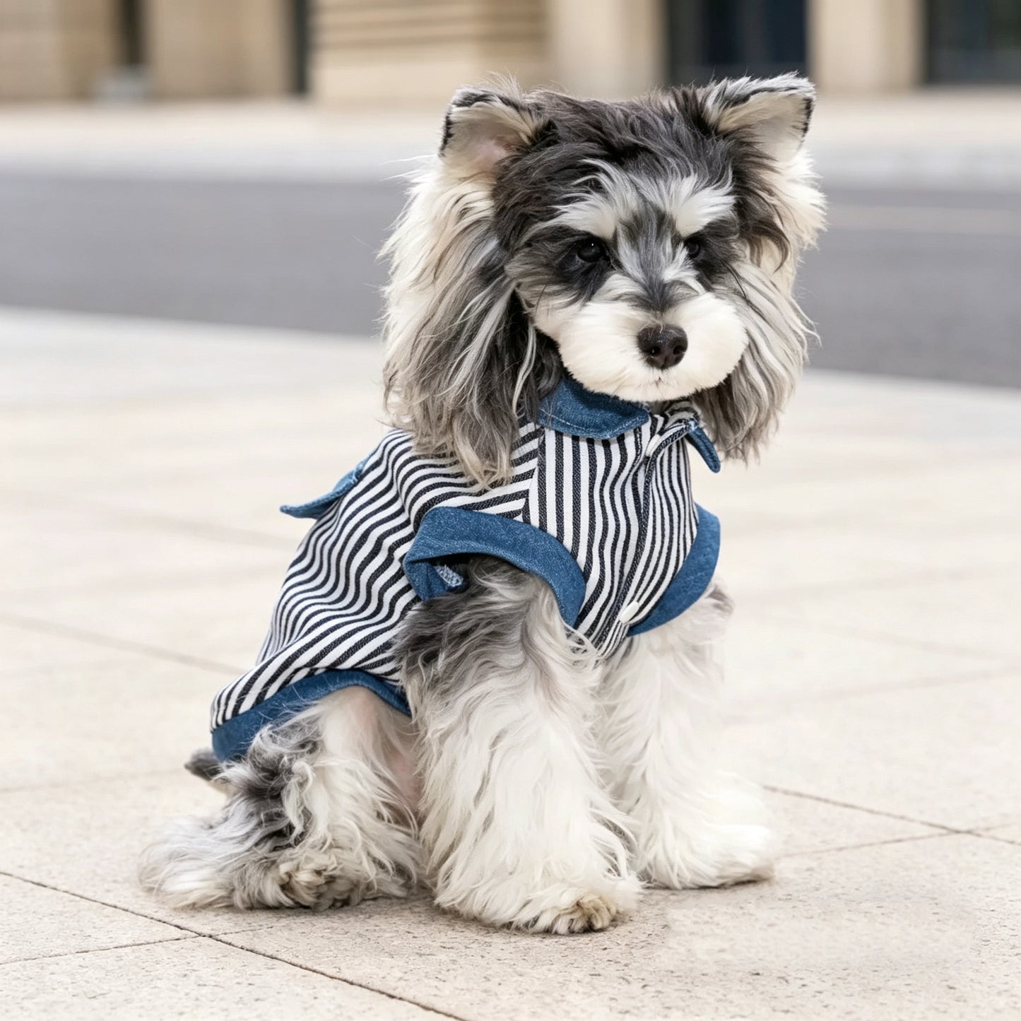 스트라이프 데님 포인트 강아지 조끼 하네스룩 | 소형견 데일리 캐주얼