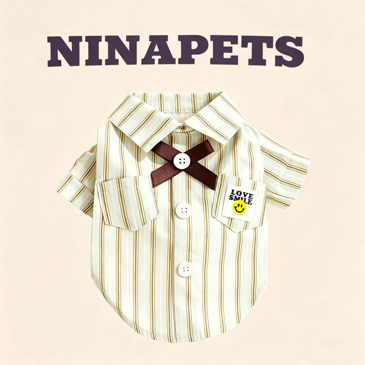 NinaPets 반려동물 스트라이프 셔츠 | 나비넥타이 카라 반팔